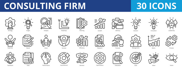 Consulting firm icon pack collection set for business strategy and management coaching. With strategy, insight, analysis, roadmap, planning, growth, advisory, solution, innovation, leadership