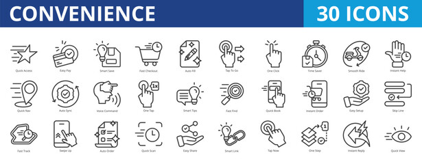 Convenience icon pack collection set for ecommerce and customer service. With quick access, easy pay, smart save, fast checkout, auto fill, tap to go, one click, time saver, smooth ride, instant help