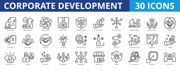 Corporate development icon pack collection set for company growth management. With strategic plan, market growth, team building, brand equity, business model, capital raise, revenue stream