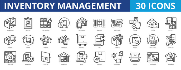 Inventory management icon pack collection set for manufacturing warehouse and supply chain. With stock check, item list, bin location, reorder, distribution, barcode, batch code, picking, packing
