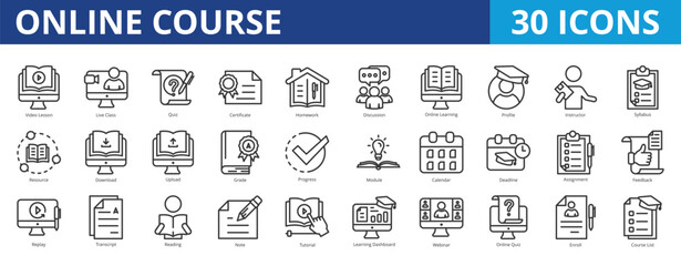 Online course icon pack collection set for elearning and education. With video lesson, live class, quiz, certificate, homework, discussion, online learning, profile, instructor, syllabus, resource