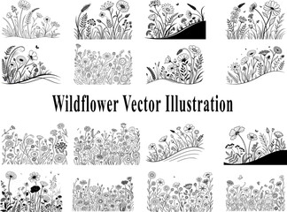 Elegant black and white wildflower vector illustrations for decorative design projects.