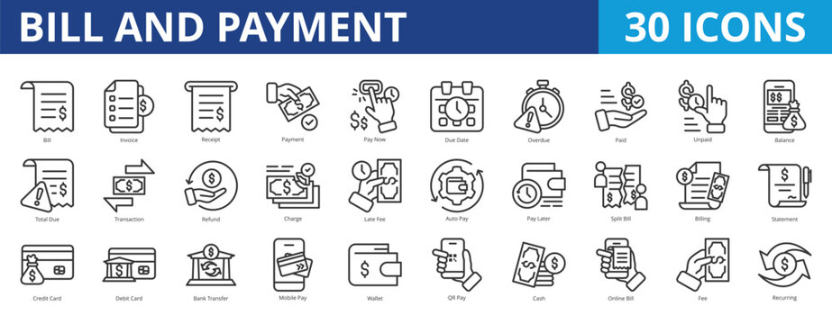 Bill and payment icon pack collection set for business and financial transaction. With bill, invoice, receipt, payment, pay now, due date, overdue, paid, unpaid, balance, total due, refund