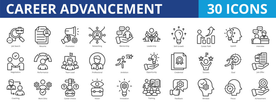 Career advancement icon pack collection set for job promotion and human resources. With job search, resume, promotion, networking, mentorship, leadership, skill growth, career path, upskill - Powered by Adobe