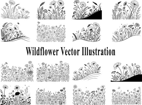 Elegant black and white wildflower vector illustrations for decorative design projects.