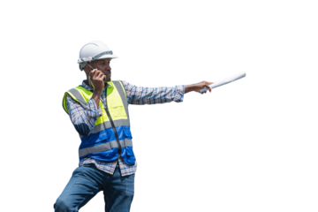 African American Engineer Directing Work on Construction Project, Foreman with Plans and Radio at Building Site, Construction Site Manager Communicating on Walkie-Talkie