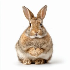 a rabbit sitting up with paws in front alert expression isolated on white background sharp detail fur