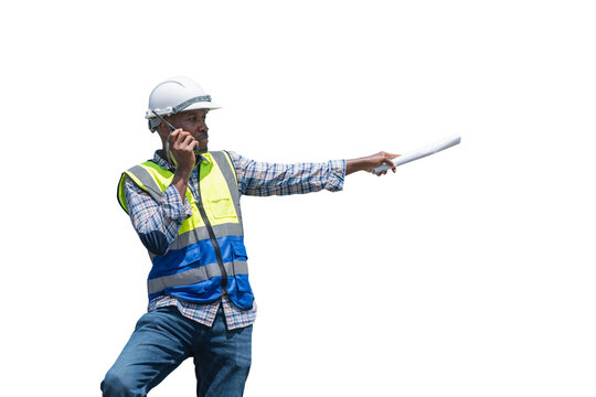 African American Engineer Directing Work on Construction Project, Foreman with Plans and Radio at Building Site, Construction Site Manager Communicating on Walkie-Talkie