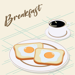 Fried eggs and toast meal. Vector