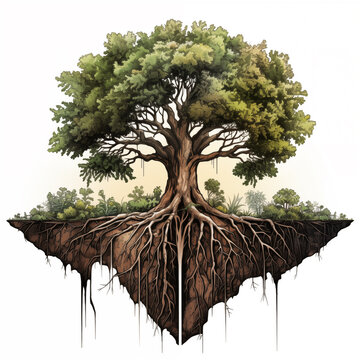 Stylized Tree of Life Design, Modern Organic Illustration, Ground cut-away, growth, nature, roots