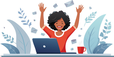 Excited office worker winner using laptop computer celebrating goal achievement. Happy young woman student or employee winning online getting good news in email raising hands feeling euphoric.