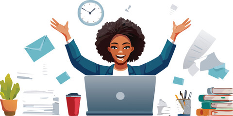 Excited office worker winner using laptop computer celebrating goal achievement. Happy young woman student or employee winning online getting good news in email raising hands feeling euphoric.
