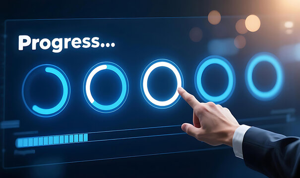  Hand Touching a Digital Progress Bar on a Blue Screen - Business Technology and Workflow Advancement