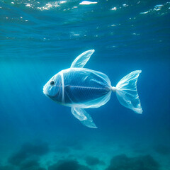 Fish Trapped in Plastic Bag Under Clear Blue Water