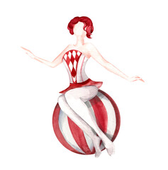 Watercolor illustration of a circus performer sitting on a big ball. Gymnast in vintage costume isolated on white background