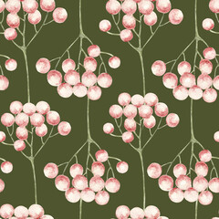 Pink berries on green stems seamless watercolor pattern on green background. Hand-painted for use in textile prints, gift wrap, packaging design, branding, stationery, and seasonal decor. Minimalistic
