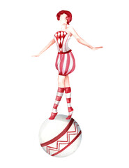 Watercolor illustration of a circus performer balancing on ball. Gymnast in vintage costume isolated on white background