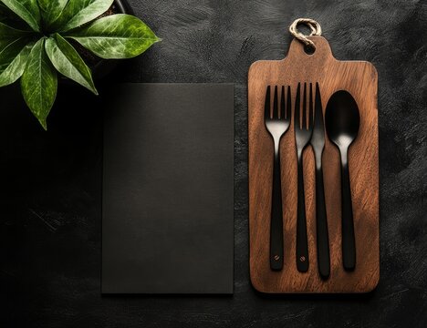 Dark tabletop setting with menu, plant, and cutlery