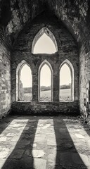 Naklejka premium Ruined chapel interior, arched windows, sunlight