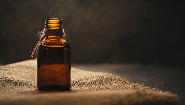 Amber glass bottle with liquid on burlap