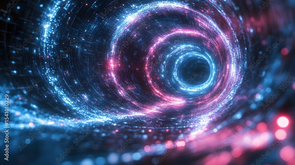 Poster abstract digital tunnel with glowing particles.