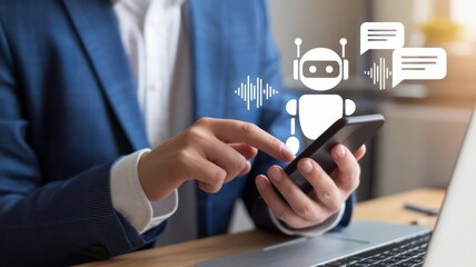 Human engaging with an AI assistant on a smartphone, modern communication