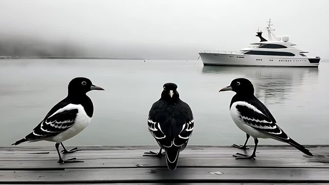 Three Oyster Catchers on Dock Overlooking Yacht on Misty Day