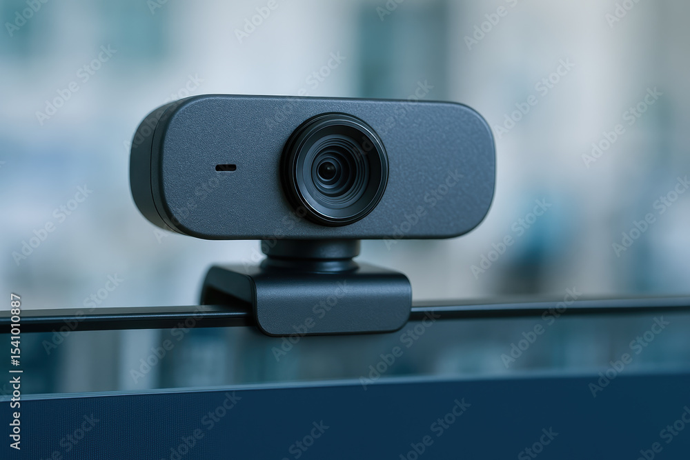 Aufkleber tech webcam is set up on monitor for healthcare call or patient consultation at center using modern 