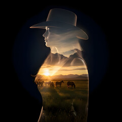 Cowgirl and Horse Sunset - Surreal Western Image on Black Background
