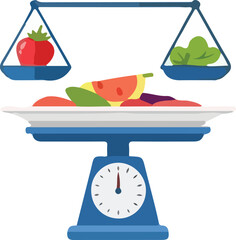 A cartoon scale weighs a tomato and some lettuce, with a plate of food in the middle.