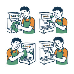 a barista cleaning an espresso machine with a cloth or brush. Include visible espresso machine parts