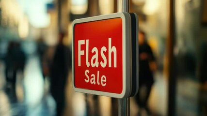 Bright red flash sale sign in busy shopping mall with blurred shoppers passing by as concept of flash sale - Powered by Adobe