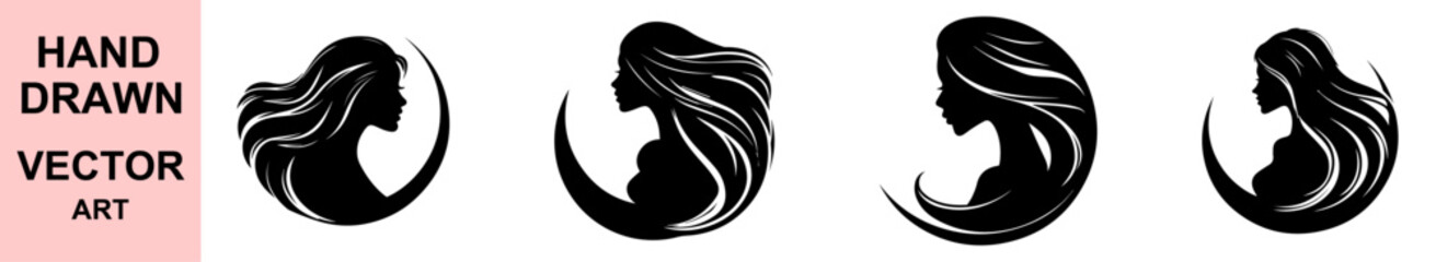 Beautiful female face with flowing hair in circular silhouette, elegant hand drawn vector art illustration for beauty salon, logo design, spa, fashion branding