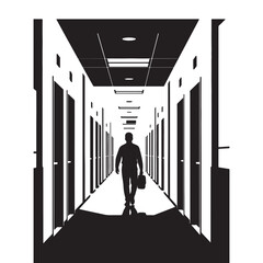 Solitary Figure Walking Down Dark Office Hallway - Business Silhouette