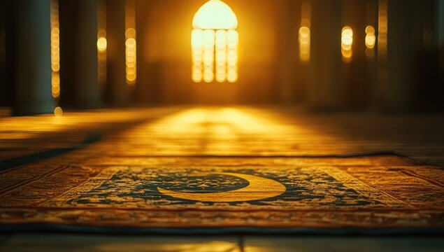 Mosque interior, prayer rug, golden light