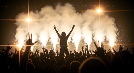 Solo Performer with Arms Raised in Victory Amidst Stage Pyrotechnics and Audience Generative AI