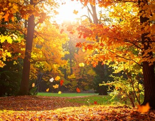 Obraz premium Autumn Forest with Rich Colorful Leaves and Softly Falling Leaves Drifting Through the Air – Serene Fall Woodland Scene