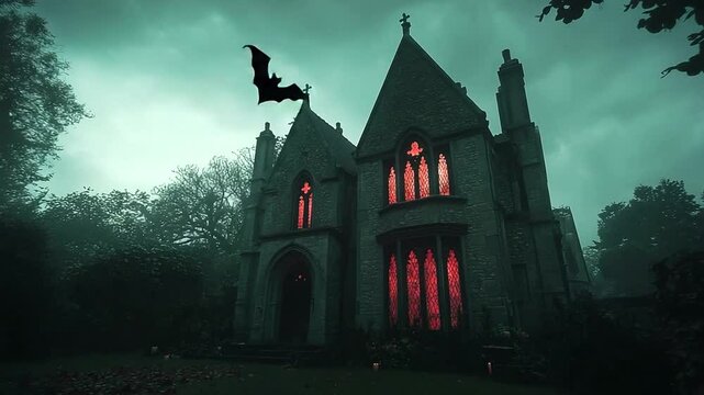 Gothic-style house at night with glowing windows and bats