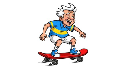 Cartoon illustration of a happy elderly man riding a skateboard, smiling and having fun, isolated on white background.