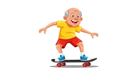 Fototapeta premium Cartoon illustration of a happy elderly man riding a skateboard, smiling and having fun, isolated on white background.