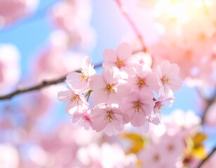 Naklejka premium Close-up of blossoming cherry blossom branches with soft focus, delicate pink flowers