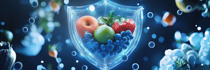 A blue shield symbol surrounded by a vibrant, diverse assortment of fresh fruits and vegetables, representing food safety and health