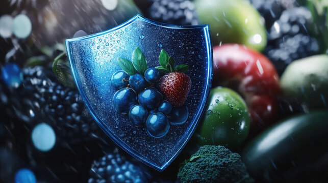 A blue shield symbol surrounded by a vibrant, diverse assortment of fresh fruits and vegetables, representing food safety and health