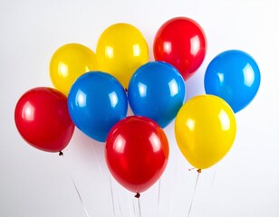 Colorful glossy balloons floating against a clean white background, festive birthday