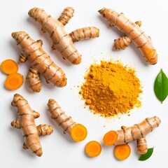 Naklejka premium Top‑down view on a seamless white background- a cluster of fresh turmeric roots 