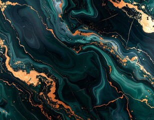 Obraz premium Flowing liquid marble texture in dark navy and deep green tones, with copper and gold