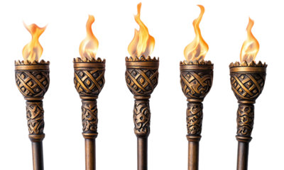 Ornate flaming torches in medieval style detailed and decorative lighting isolated on transparent background.