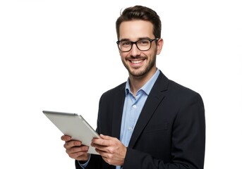 Professional man in suit holding tablet, business portrait, smiling, for marketing use
