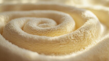 Fototapeta premium Close-up of a spiral-folded, creamy-yellow towel. Soft, textured surface. Gentle, warm light