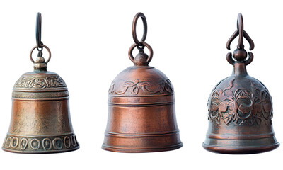 Vintage decorative bells collection antique metal craftsmanship isolated on transparent background.